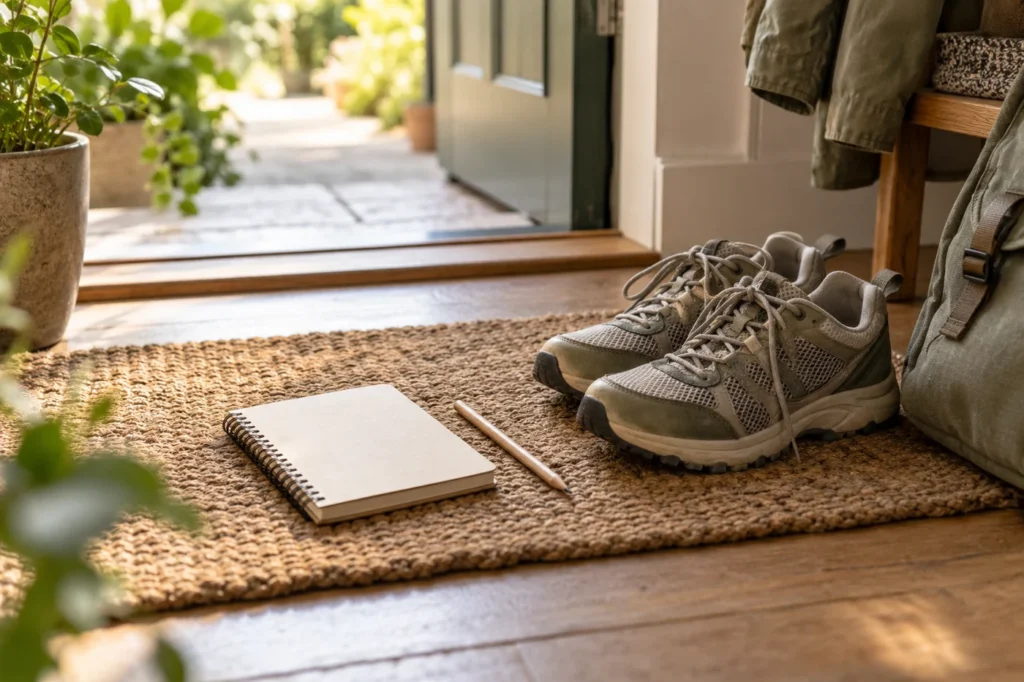 Notizbuch und bequeme Schuhe als Vorbereitung auf eine kleine Alltagspause