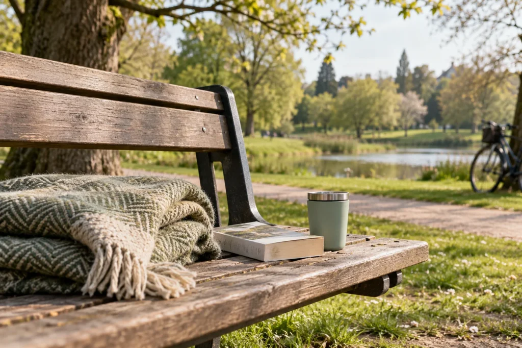 Buch, Decke und Becher für eine ruhige Pause im Park