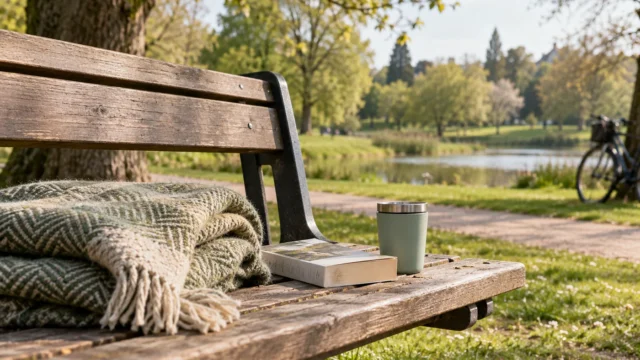 Buch, Decke und Becher für eine ruhige Pause im Park