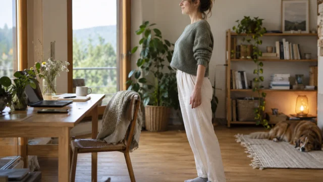 Person bei einem ruhigen Positionswechsel am Schreibtisch