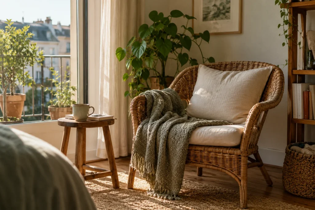 Kleine ruhige Ecke mit Stuhl, Kissen und Zimmerpflanze