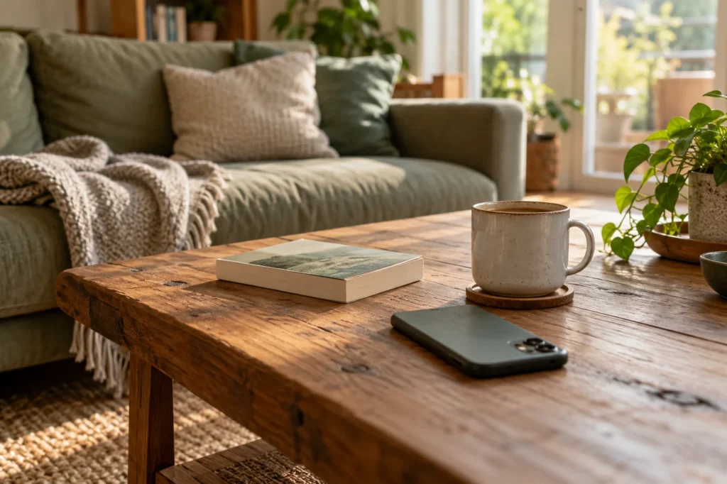 Umgedrehtes Smartphone neben Buch und Tasse