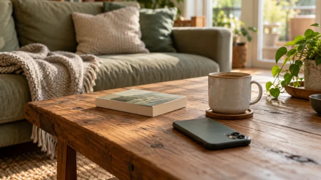 Umgedrehtes Smartphone neben Buch und Tasse