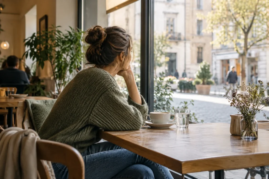 Person bei einer ruhigen Pause am Fenster eines Cafés