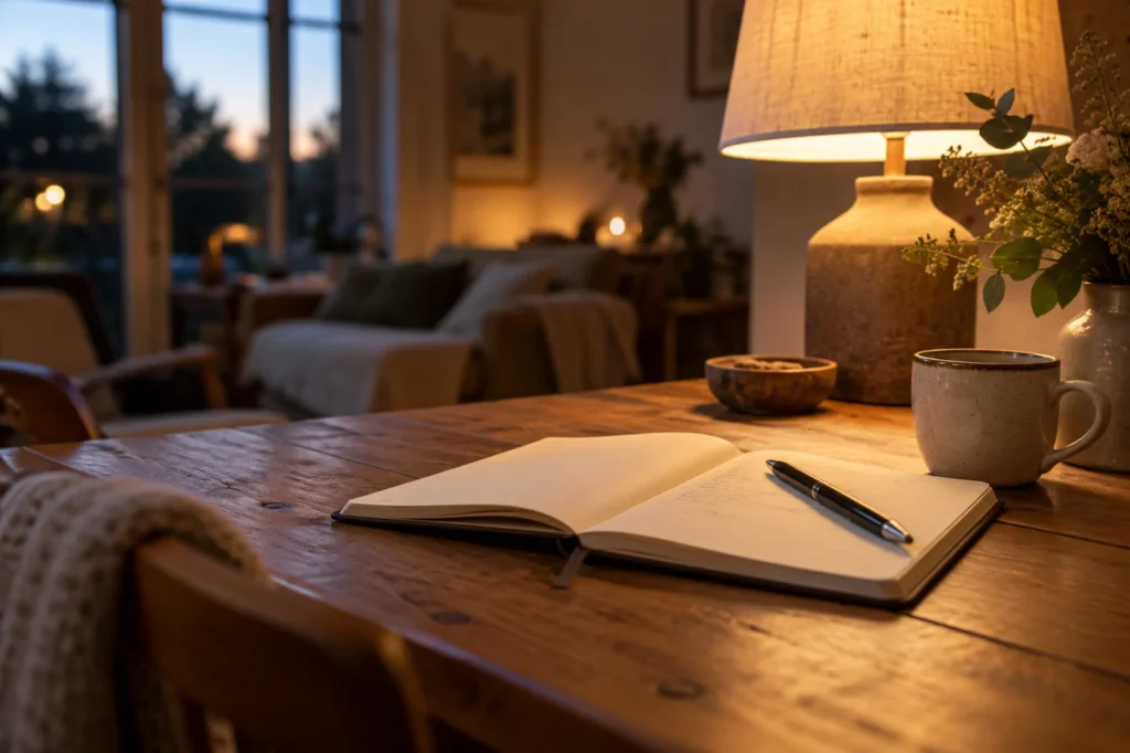 Notizbuch und Stift im warmen Licht einer Abendlampe