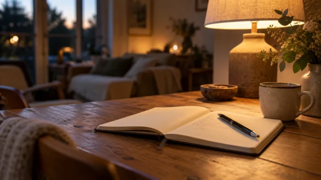 Notizbuch und Stift im warmen Licht einer Abendlampe