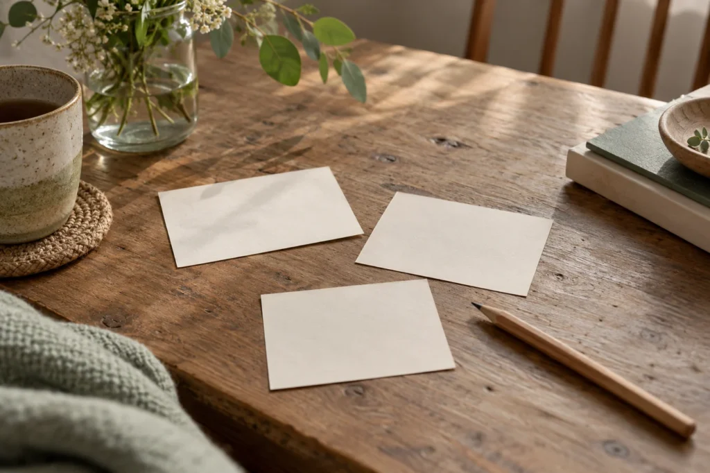 Kleine Papierkarten und Bleistift auf einem Holztisch
