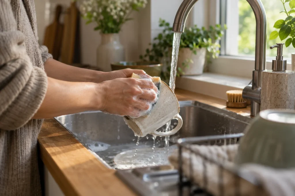 Hände beim ruhigen Abspülen einer Keramiktasse