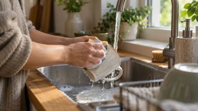 Hände beim ruhigen Abspülen einer Keramiktasse