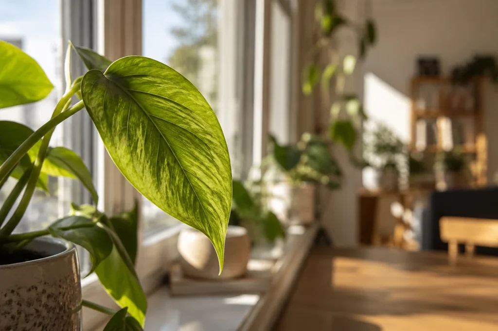 Blatt einer Zimmerpflanze im natürlichen Fensterlicht