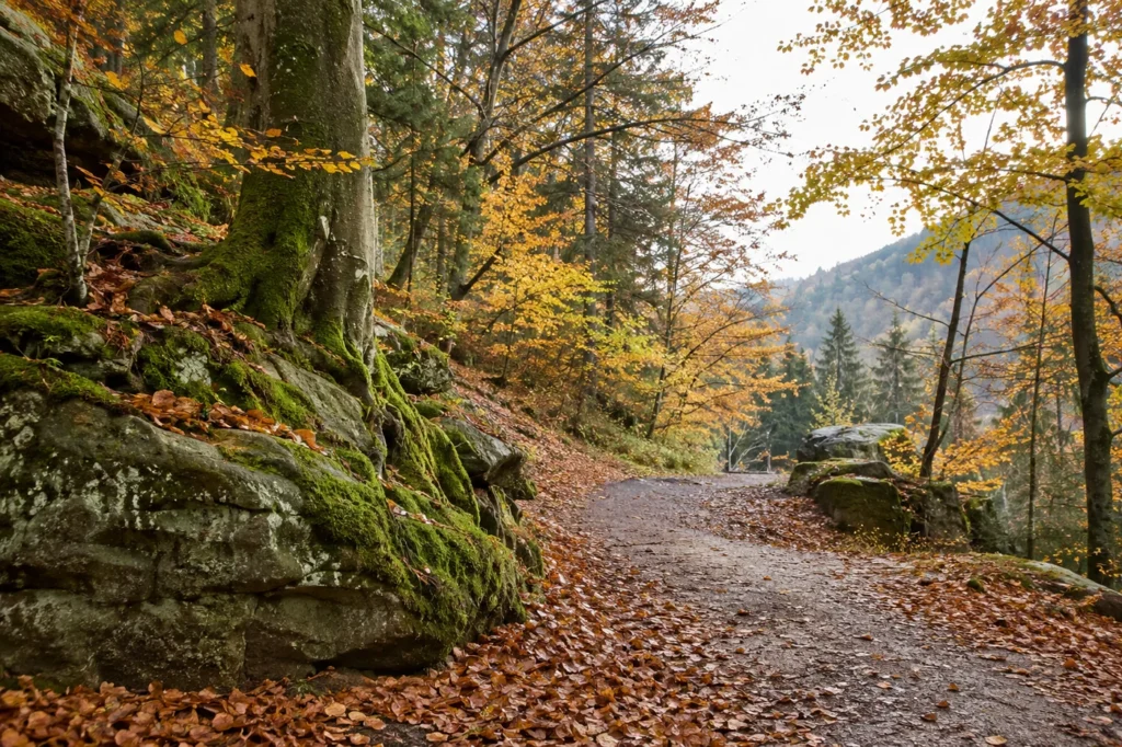 Waldweg mit Herbstlaub im weichen Tageslicht