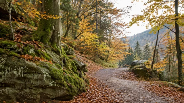 Waldweg mit Herbstlaub im weichen Tageslicht