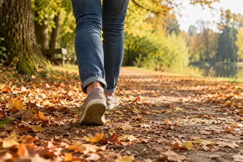 Bequeme Schuhe auf einem mit Laub bedeckten Spazierweg