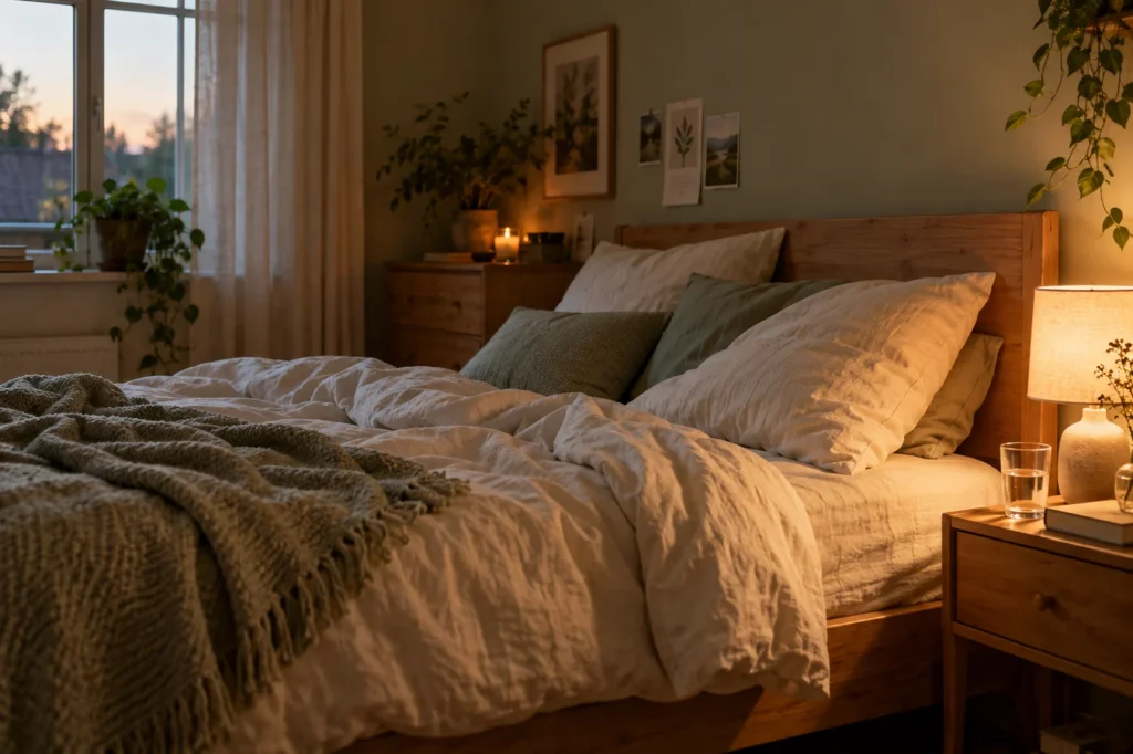 Schlichtes Schlafzimmer mit Bettwäsche und warmer Nachttischlampe