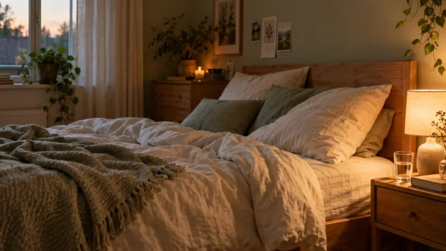 Schlichtes Schlafzimmer mit Bettwäsche und warmer Nachttischlampe