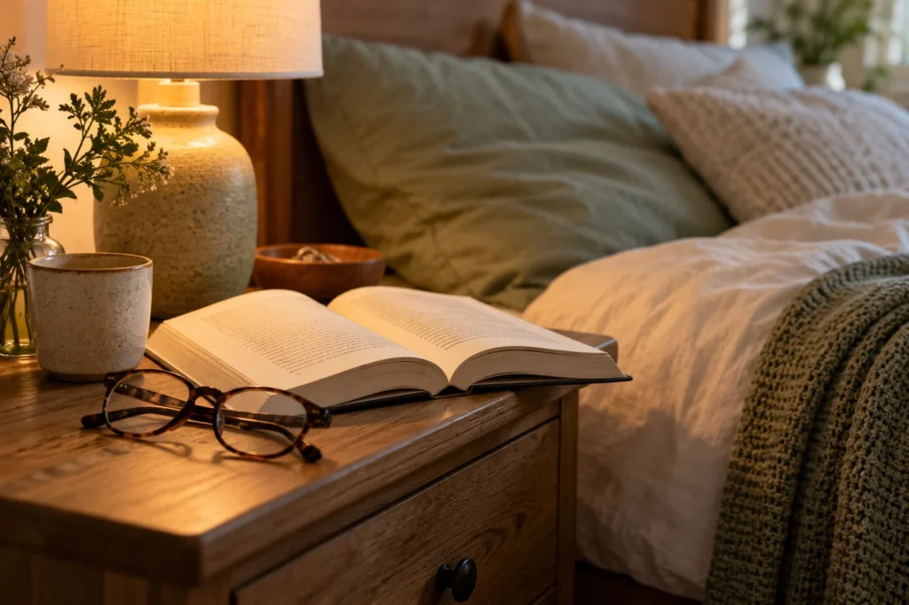 Buch und Lesebrille auf dem Nachttisch
