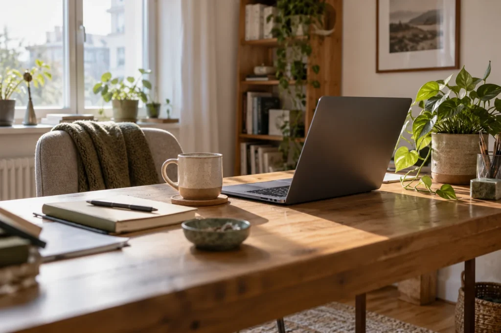 Schreibtisch im Homeoffice mit Tasse und Pflanze