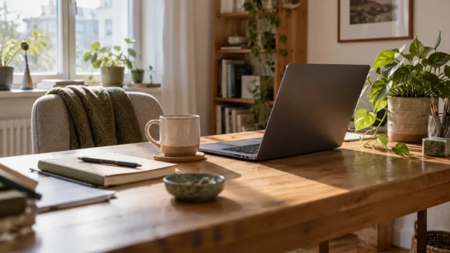Schreibtisch im Homeoffice mit Tasse und Pflanze