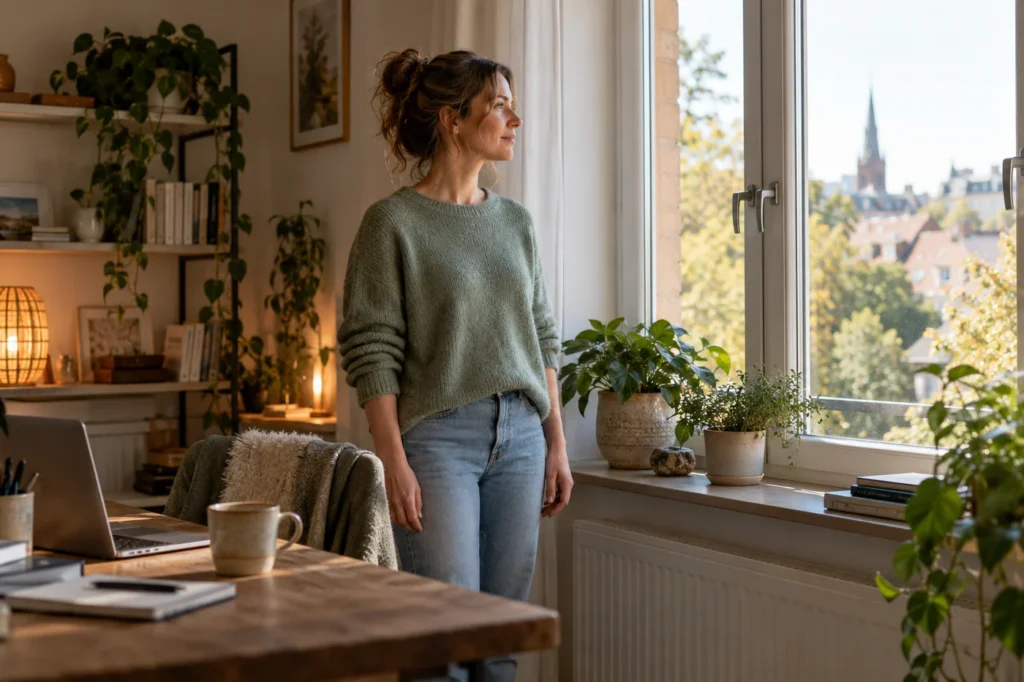 Kurze Pause am Fenster neben dem Arbeitsplatz