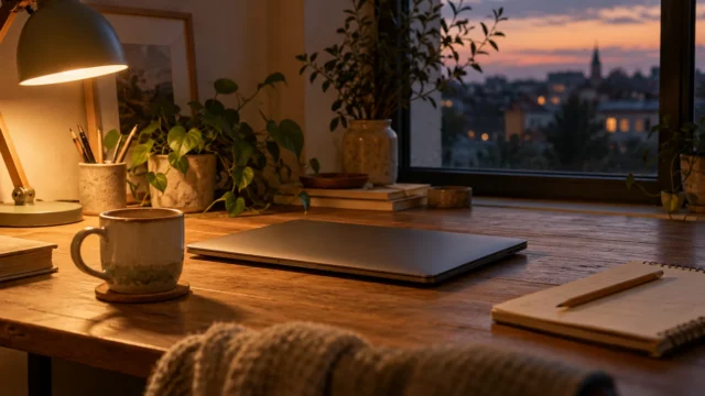 Geschlossener Laptop auf einem Schreibtisch am Feierabend