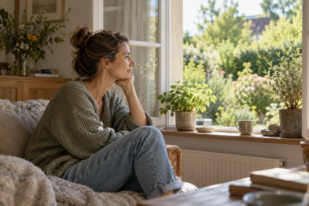 Ruhig am Fenster sitzende Person