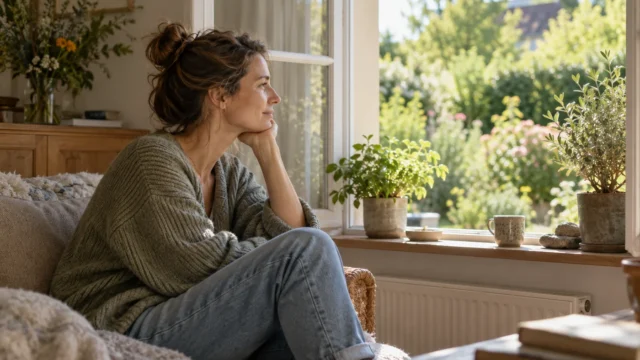 Ruhig am Fenster sitzende Person