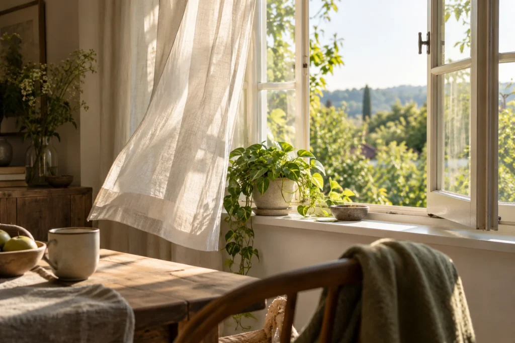 Leinenvorhang und Pflanze an einem geöffneten Fenster