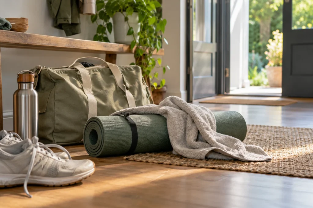 Sporttasche, Trainingsmatte und Handtuch nach dem Freizeitsport