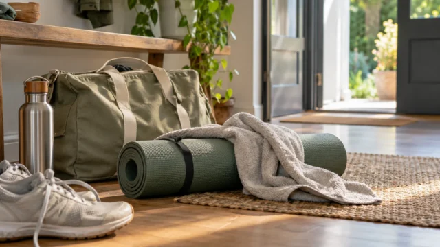Sporttasche, Trainingsmatte und Handtuch nach dem Freizeitsport