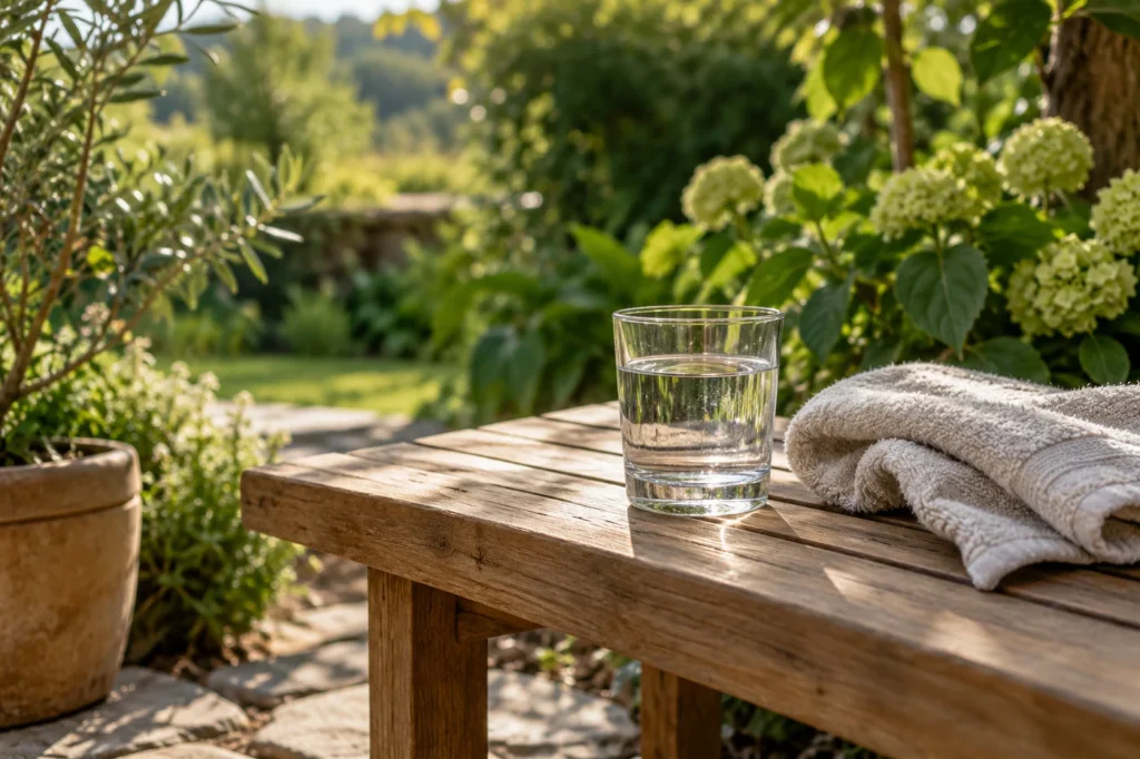 Wasserglas und Handtuch auf einer Holzbank