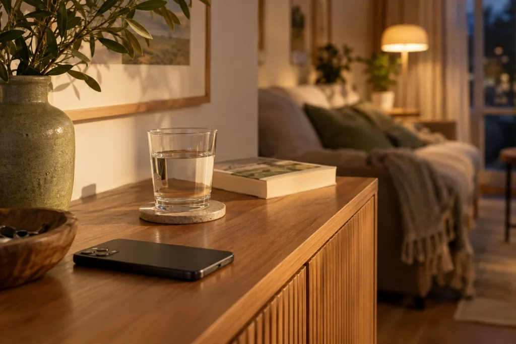 Beiseitegelegtes Smartphone mit Wasserglas und Buch