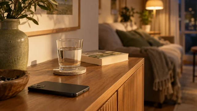 Beiseitegelegtes Smartphone mit Wasserglas und Buch