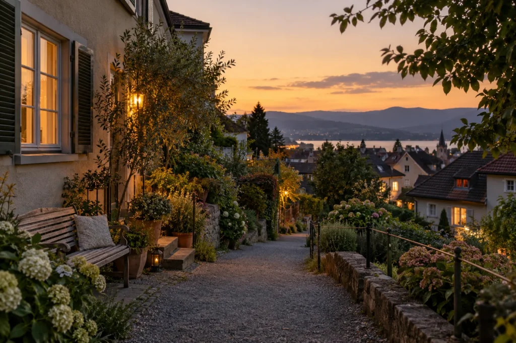 Ruhiger Spazierweg in einem Wohnviertel am frühen Abend