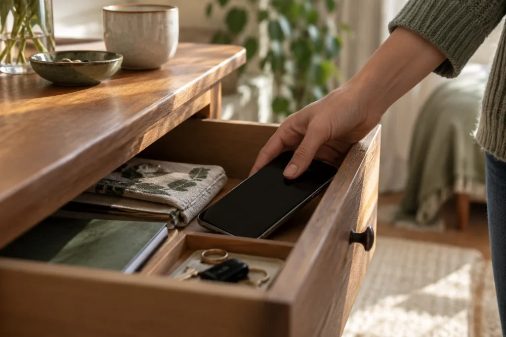 Eine Hand legt das ausgeschaltete Smartphone in eine Schublade