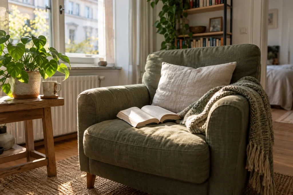 Sessel mit Buch und Pflanze im natürlichen Morgenlicht