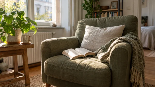 Sessel mit Buch und Pflanze im natürlichen Morgenlicht