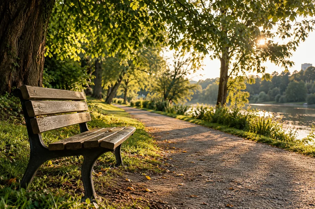 Leere Holzbank an einem ruhigen Weg im Park