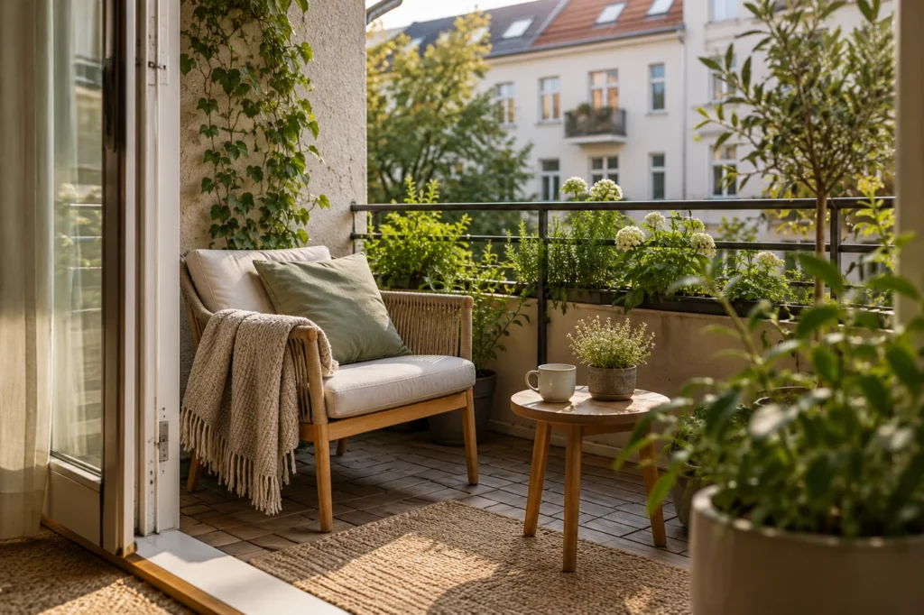 Stuhl und Tasse auf einem ruhigen Balkon